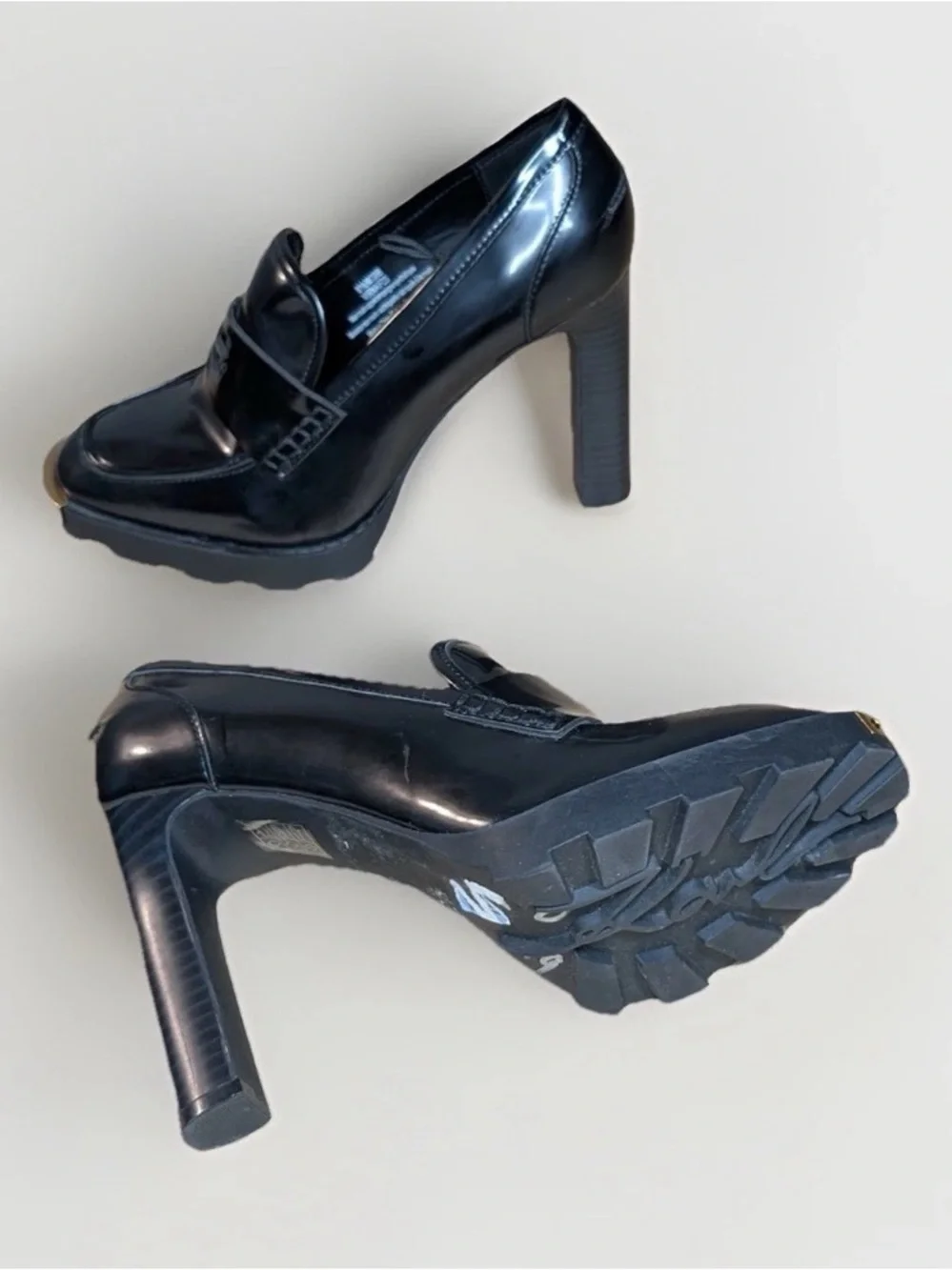 Karl Lagerfield Women's High Heel Pumps Loafers Chunky Black & Gold Logo Sz 8.5M - Picture 9 of 11